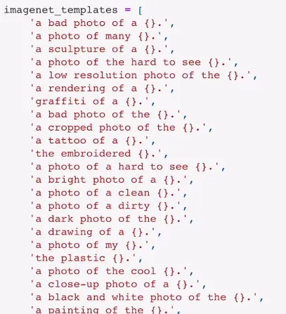 CLIP 的 ImageNet prompt 模板列表，包含照片、绘画、雕塑及不同画质等描述